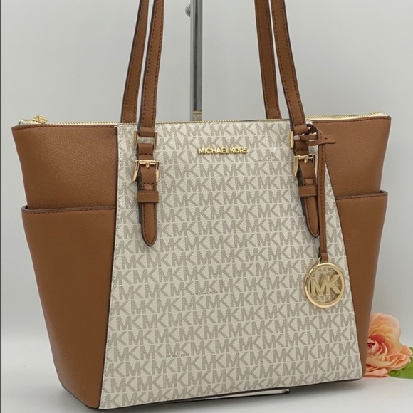 MICHAEL KORS Charlotte LG Tote Brown/Vanilla T.zip - Picture 13 of 13